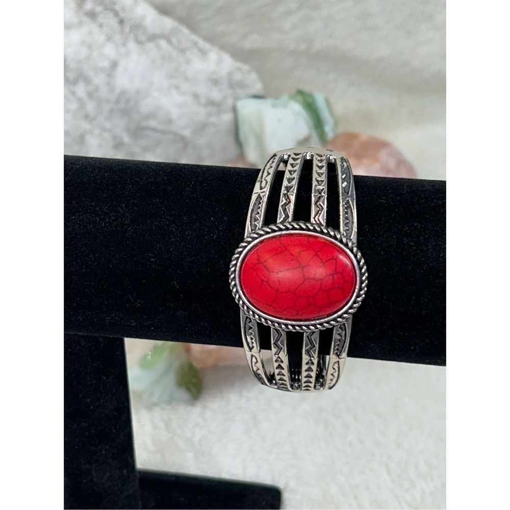 Silver with Red Stone Spring Hinge Cuff Bracelet